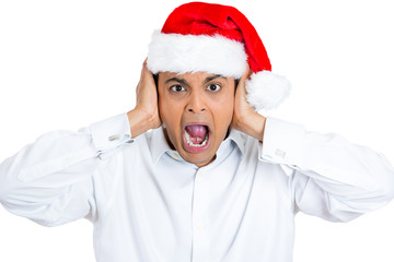 Stressed, overwhelmed christmas man in panic, screaming