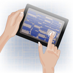 Hands holding and pointing on tablet