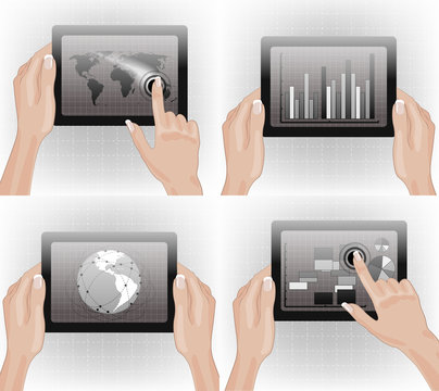 Hands holding tablet with graphs, charts, and world map