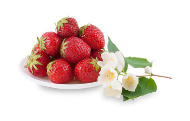 Plate with strawberries and jasmine branch. - 59525338