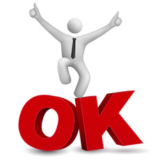 3d businessman jumping on word OK