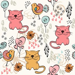 babies hand draw seamless pattern with cats