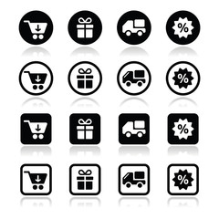Shopping on internet black icons set with shadow