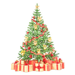 Decorated Christmas tree with many gift boxes isolated on white
