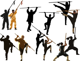 isolated kung fu men with pikes