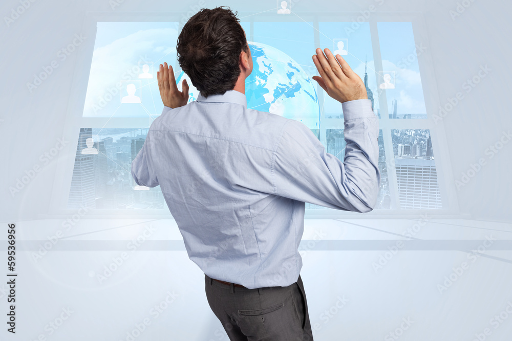 Poster composite image of businessman standing with arms pushing up