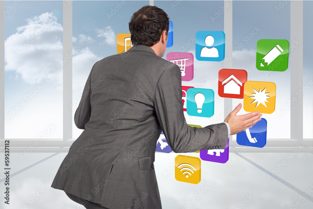 Poster composite image of businessman posing with hands out