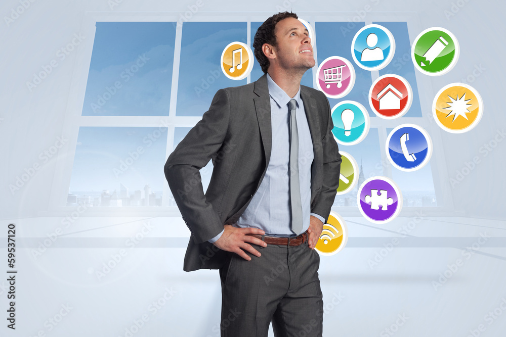 Poster composite image of smiling businessman with hands on hips