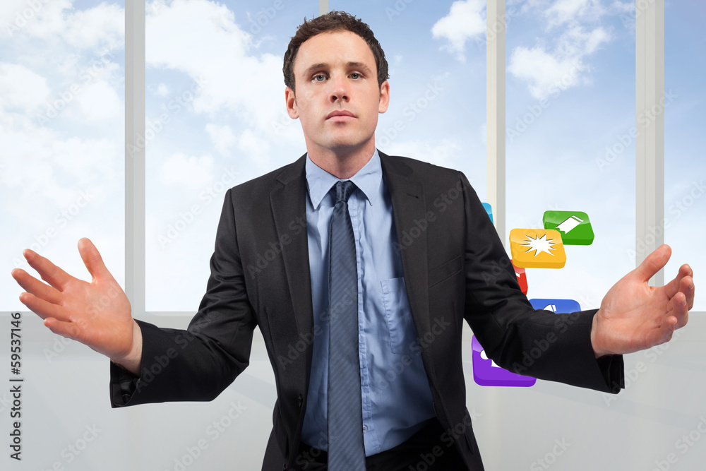 Poster composite image of businessman posing with arms out