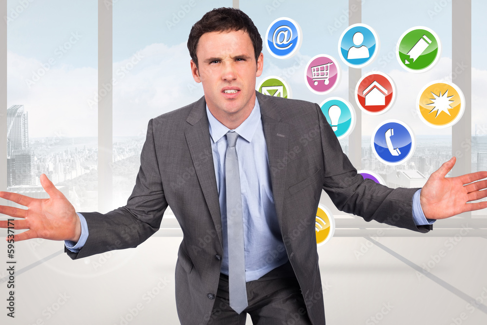 Poster composite image of businessman posing with hands out