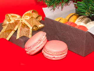 Two sweet macarons against Gift box under the Christmas tree