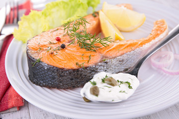 grilled salmon steak and sauce