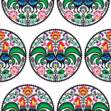 Seamless Polish floral pattern with roosters