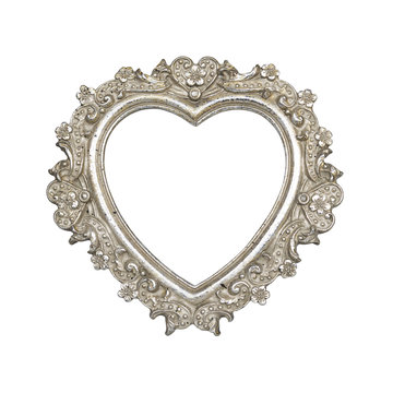 Old silver heart picture frame with clipping path.