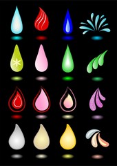 Set of drop icons on black background