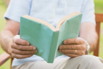 Mid section of a man reading a book at park