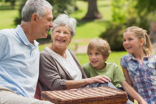 Smiling senior couple and grandchildren at park