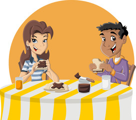 Couple of cartoon teenagers eating toast with chocolate
