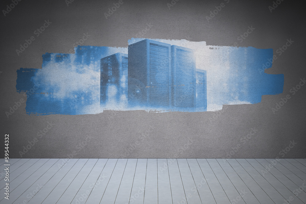 Poster display on wall showing server towers