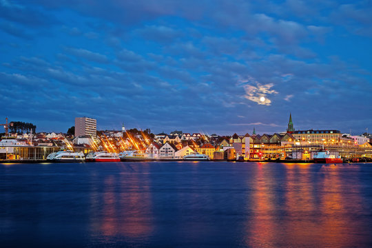 Night panorama of the port city of Stavanger, Norway.