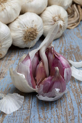 String of garlic on wooden background