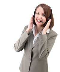 Pretty business woman in gray suit with earphones isolated on wh