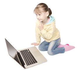 girl sitting in front of laptop and thinking isolated on white