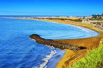 Playa del Ingles beach and Maspalomas Dunes, Gran Canaria, Spain - obrazy, fototapety, plakaty