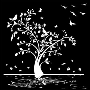 Black and white background with tree, birds and butterflies