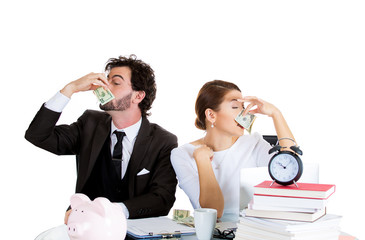 young rich couple man woman wiping there noses with cash dollars