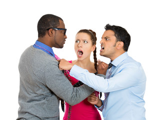 Two men fighting, compete for a young woman 