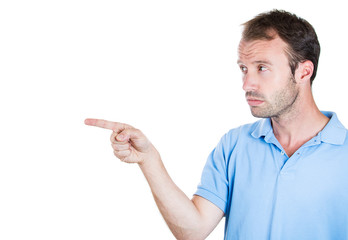 side view profile portrait of serious man, pointing finger 