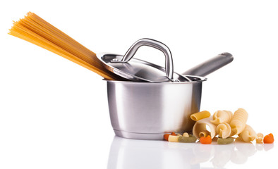 pasta and steel pot isolated on white background