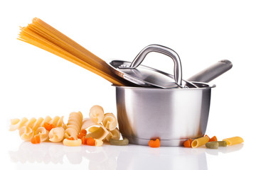 pasta and steel pot isolated on white background