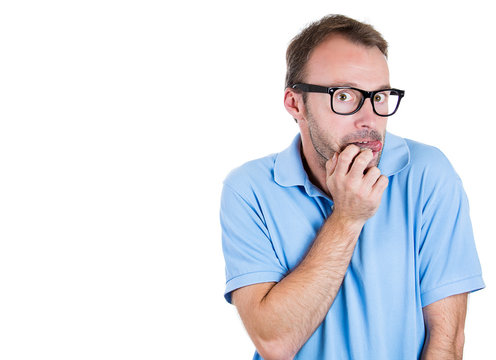 Shy, weak, nerdy young man in black glasses, socially awkward 