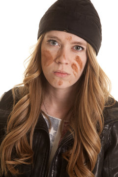 Woman Black Leather Mud On Face Mad