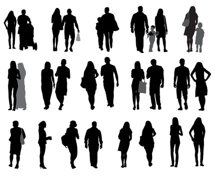 Set of Silhouette Walking People and Children. Vector