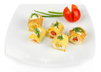 Egg rolls with cheese cream and paprika,on plate, isolated