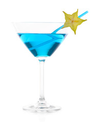 Blue cocktail in martini glass isolated on white