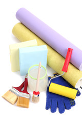 Wallpaper and accessories for glue wallpaper, isolated on white