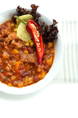Chili Corn Carne - traditional mexican food, isolated on white