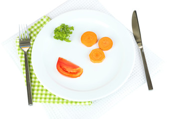 Small portion of food on big plate isolated on white