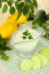 Cucumber yogurt in glass bowl,