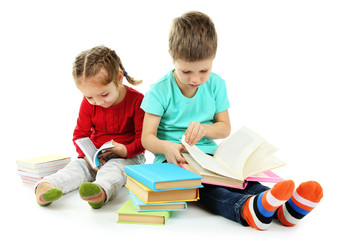 Little children with books isolated on white