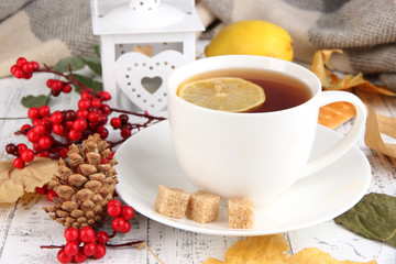 Cup of tea with lemon close up