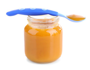 Jars  of baby food with banana, isolated on white