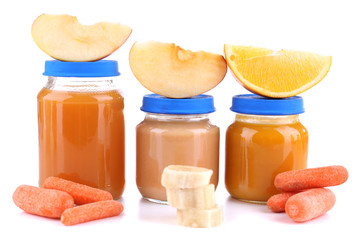 Jars  of various baby food, isolated on white