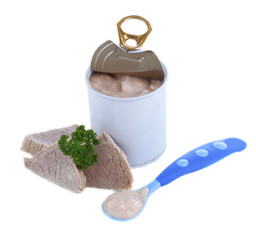 Meat paste for infant feeding, isolated on white