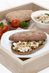 sandwich of rye bread with tuna and homemade cheese on a tray