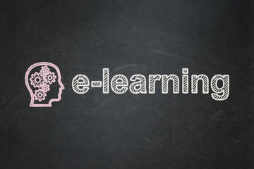 Fototapeta premium Education concept: Head With Gears and E-learning on chalkboard